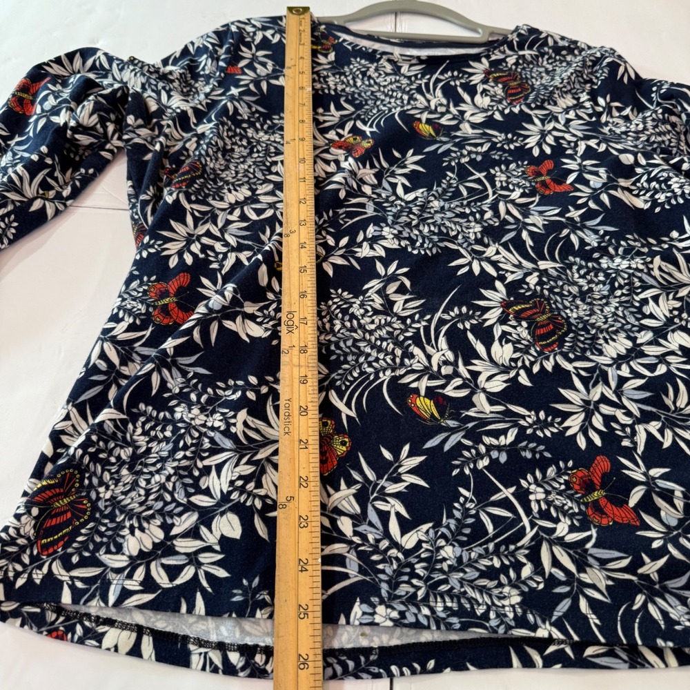 Talbots Navy Butterfly Botanical Long Sleeve Jersey Knit Top Large 95% Cotton - Picture 4 of 7